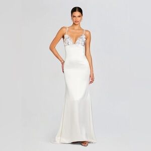 Retrofete White Satin Maxi Dress with Beaded Bodice